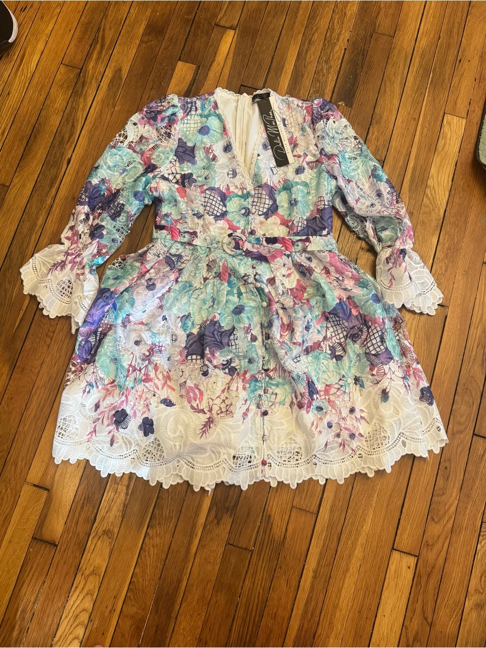 Dalia Pastel Floral Lace-Trim Dress in Aqua, Purple, Pink